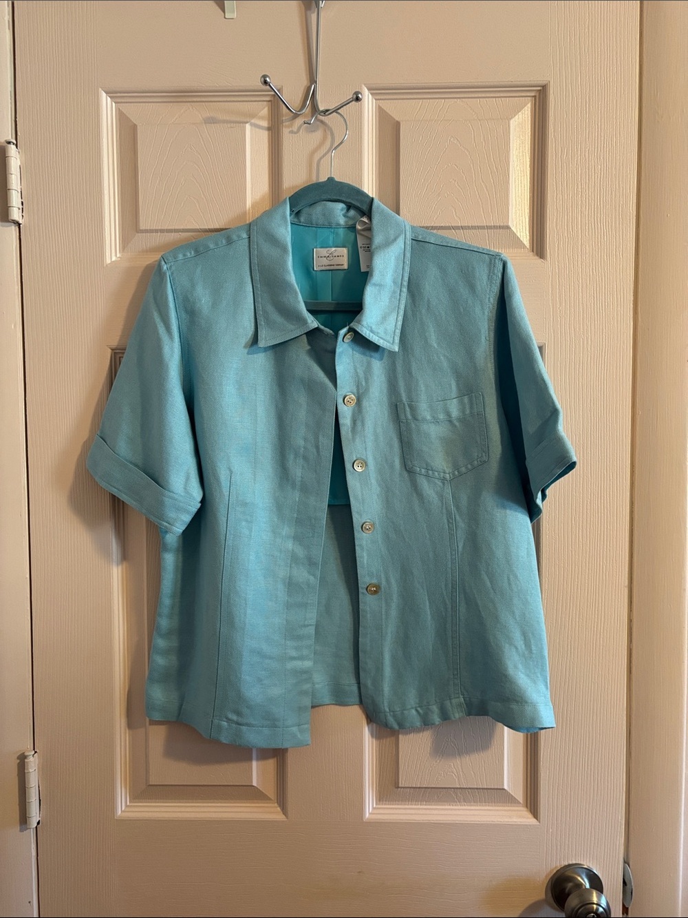 Emma James Short-Sleeve Button Front Blazer in Aqua